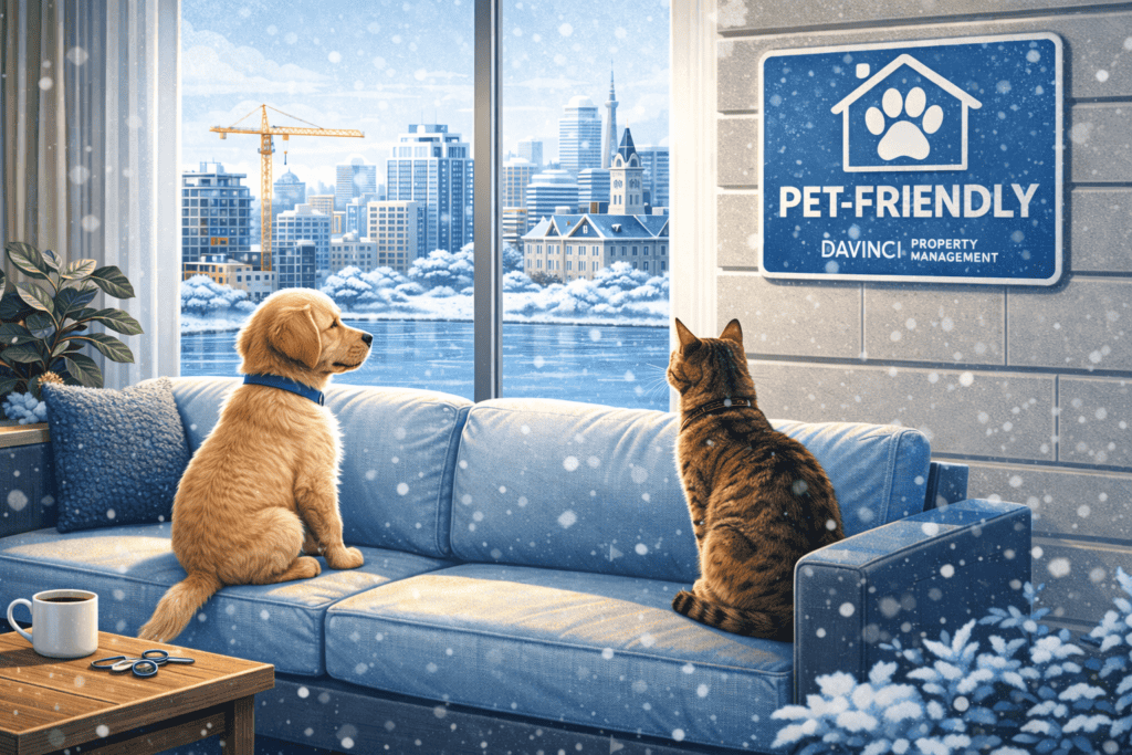 Cozy pet-friendly rental living room with dog and cat overlooking snowy cityscape in Halifax.